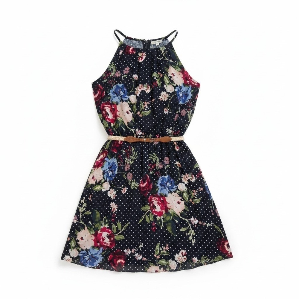 IZ BYER Floral Polka Dot Halter Dress Chiffon A-Line Belted Navy Blue NWT M
